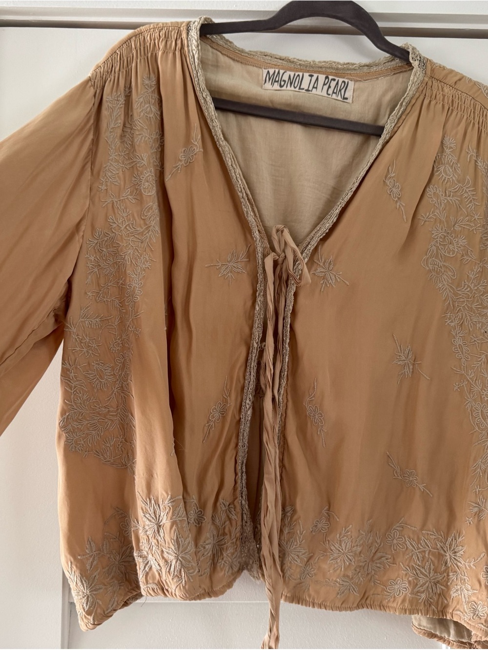 Magnolia Pearl Camel Embroidered Tie-Front Tunic